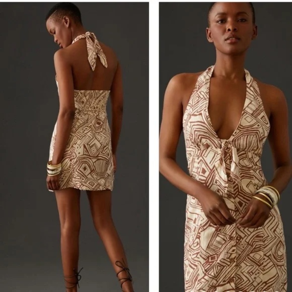 Anthropologie Maeve Halter Neck Linen Blend Mini Dress